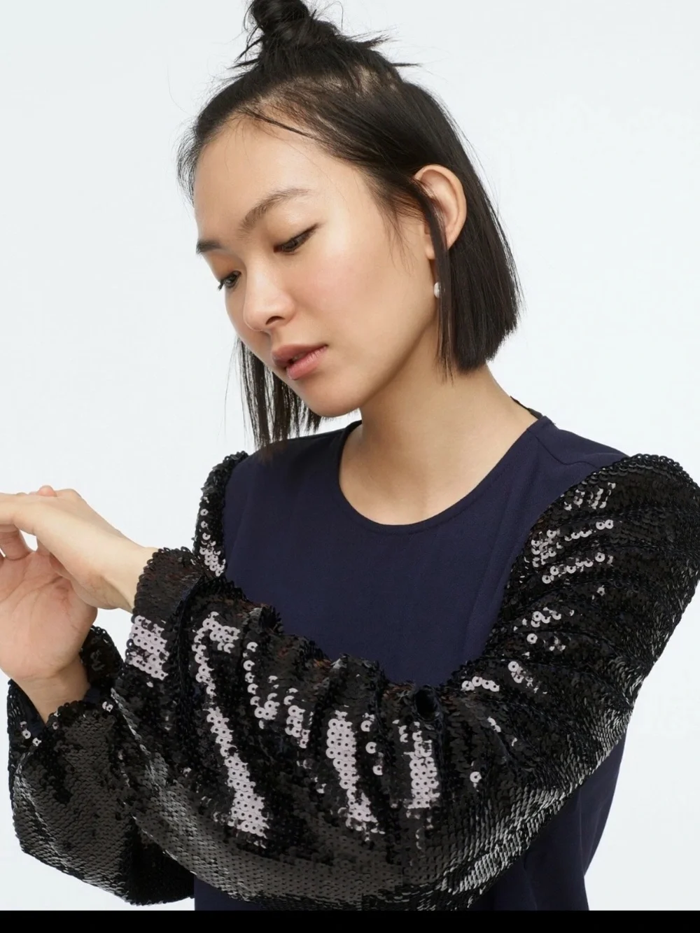 J. Crew Navy Blue Black Sequin Sleeve Formal Party Crepe Blouse Top Size XXS NWT